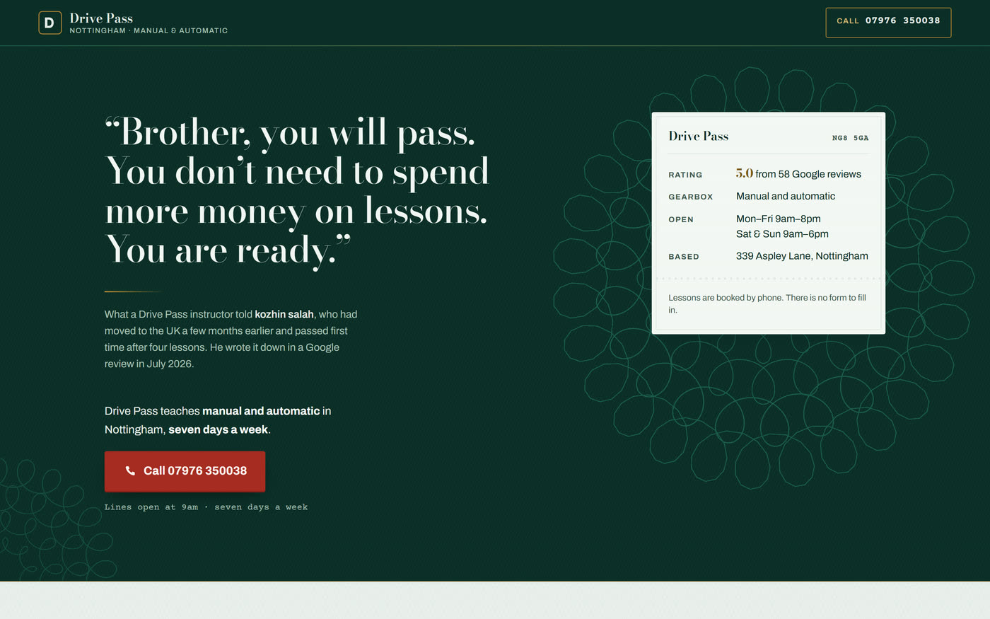 Driving school website — engraved-note design