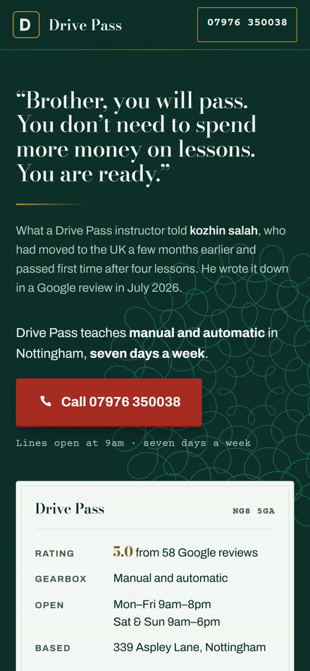 The driving school site on a phone
